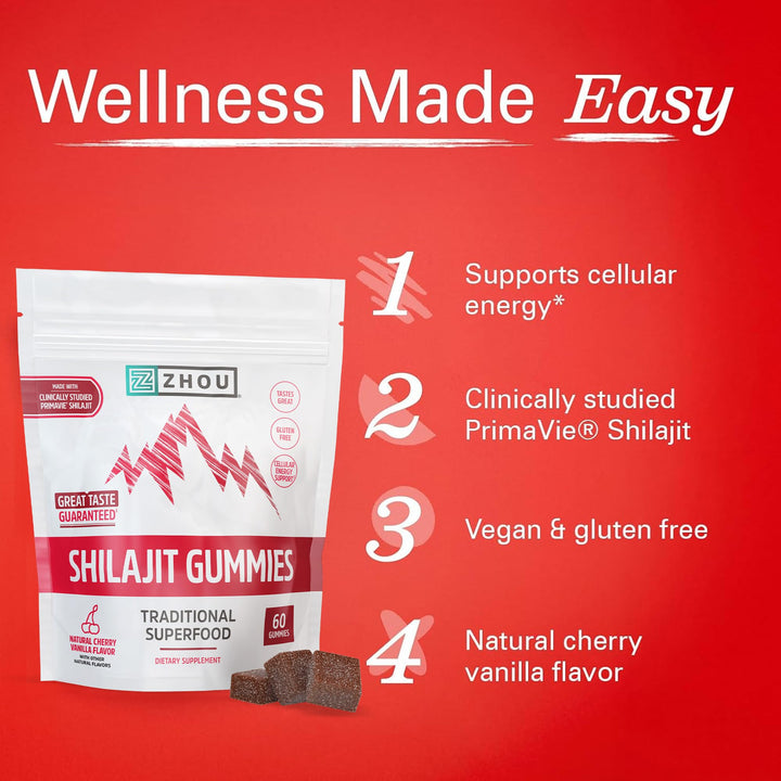 ZHOU Shilajit Gummies - Pure Himalayan Shilajit for Men and Women with Natural Resin Extract, 250 mg Per Serving, Clinically Studied, Gluten Free Formula - Cherry Vanilla Flavor, 60 Chews