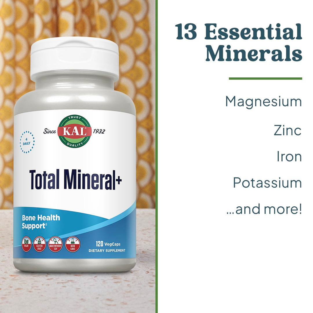 KAL Total Mineral Plus Capsules - Minerals and Trace Minerals for Strong Bones, Immune Support w/Magnesium Glycinate, Zinc, Calcium, Selenium, Iron and More - Vegan, Non-GMO, Gluten-Free, 30 Servings