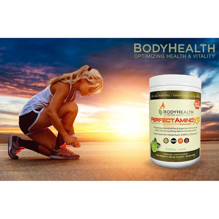 BodyHealth PerfectAmino XP Cool Lime (60 Servings) Best Pre/Post Workout Recovery Drink, 8 Essential Amino Acids Energy Supplement with 50% BCAAs, 100% Organic, 99% Utilization for Maximum Power