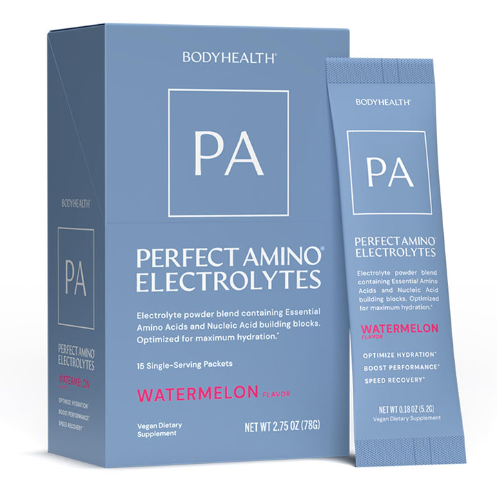 BodyHealth PerfectAmino Electrolyte Drink Mix – Watermelon – No Sugar, Keto &amp; Fasting Friendly, Hydration with Trace Minerals – Stick Packs