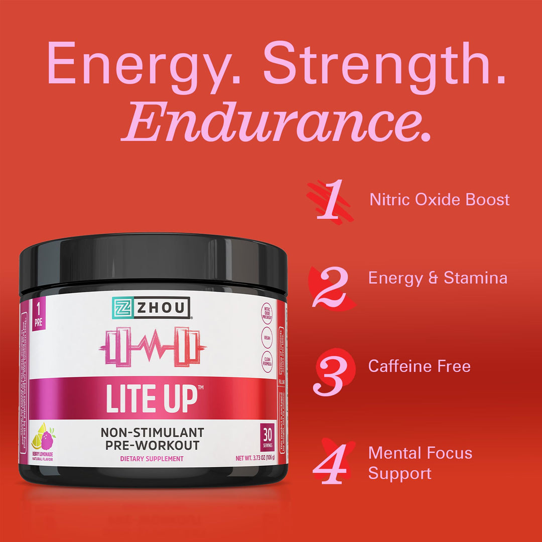 ZHOU Lite Up - Non Stim Powder, Nitric Oxide Precursor, Stim Free Supplement for Men &amp; Women, Caffeine Free Boost, Clean Formula - Berry Lemonade Flavor, 7.5 oz Jar (30 Scoops)