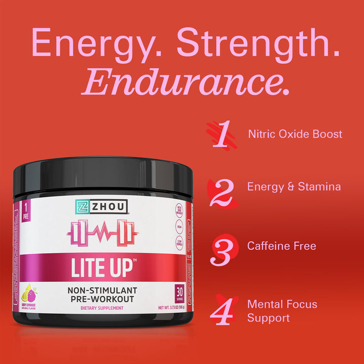 ZHOU Lite Up - Non Stim Powder, Nitric Oxide Precursor, Stim Free Supplement for Men &amp; Women, Caffeine Free Boost, Clean Formula - Berry Lemonade Flavor, 7.5 oz Jar (30 Scoops)
