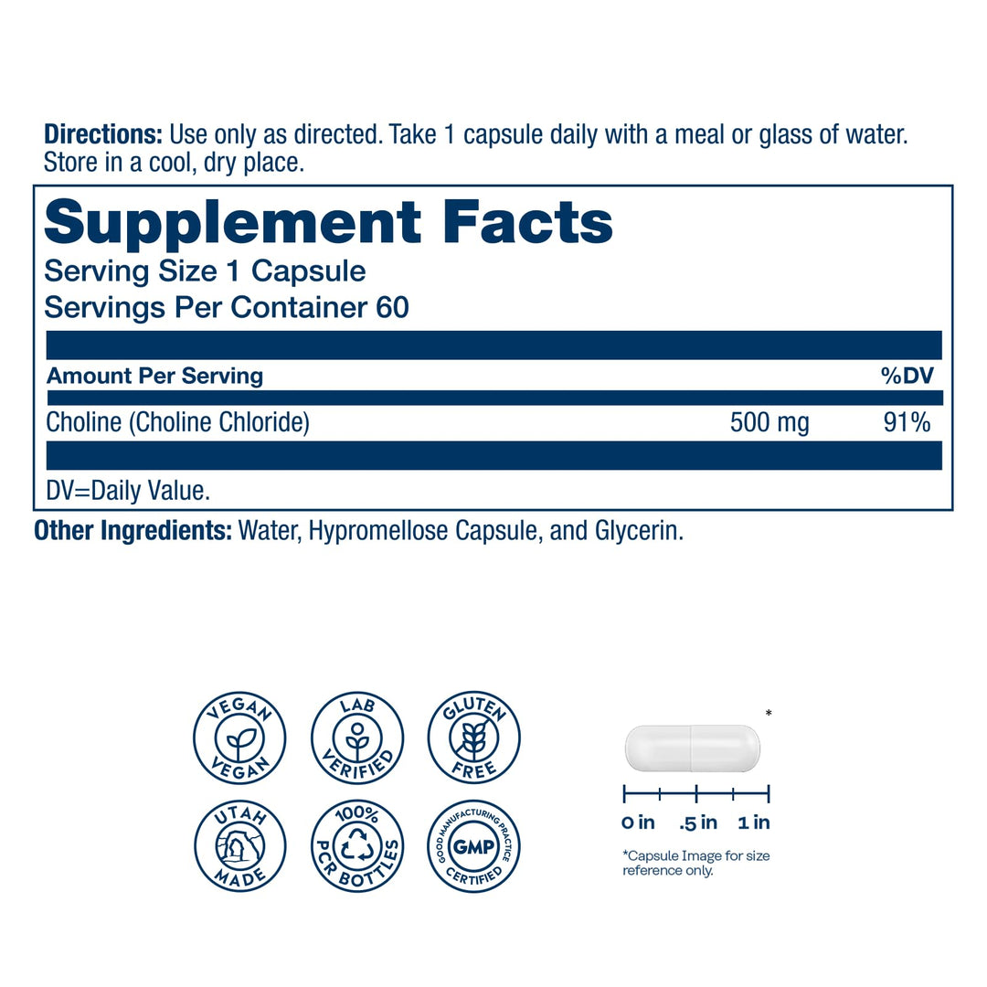 SOLARAY Choline 500 mg – Cognitive, Brain Health and Liver Support Supplement – Powerful Brain Supplement &amp; Choline Source for Adults – Odor-Free, Vegan Liquid VegCaps – 60 Servings, 60 Capsules