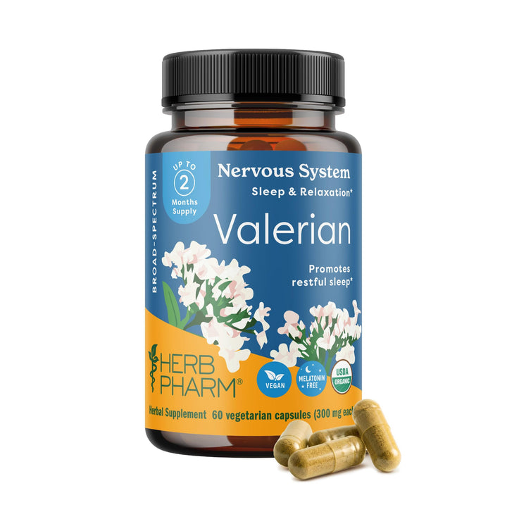 Herb Pharm Valerian Root Sleep Support Capsules: Certified Organic Sleep Aid for Adults Valeriana Extract for Relaxation, Non-Bitter, Melatonin Free, Vegan, ~30-60 Day Supply, 60 Capsules*