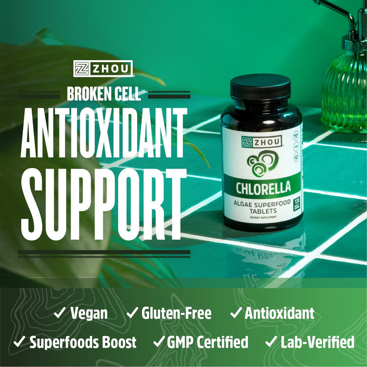 Zhou Chlorella Tablets - Chlorella Supplement, Chlorophyll Vitamins, Pure Green Algae Superfood, Nutrient Rich Super Food Pills, Broken Cell Wall - 120 Vegan Tablets