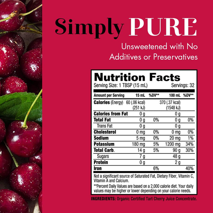 Dynamic Health Organic Tart Cherry Juice Concentrate - Unsweetened Montmorency Tart Cherry Juice, for Men &amp; Women, Source of Vitamins A, C, K, &amp; Antioxidants, Gluten Free, Kosher - 16 fl oz Bottle