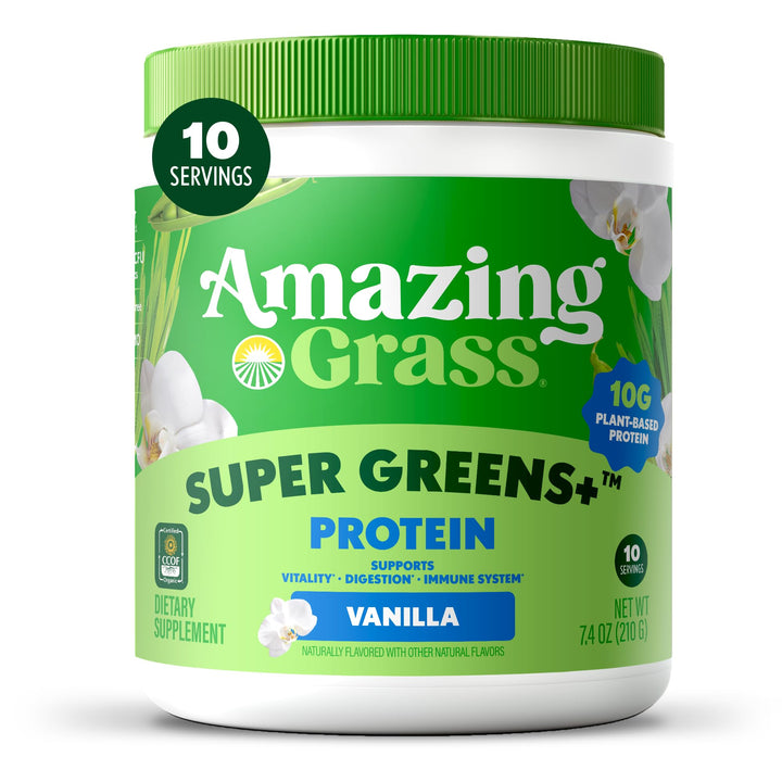 Amazing Grass Super Greens+ Protein Powder, Vanilla – 10g Plant-Based Protein, Supports Digestion &amp; Immune System, Organic Greens Blend, 10 Servings