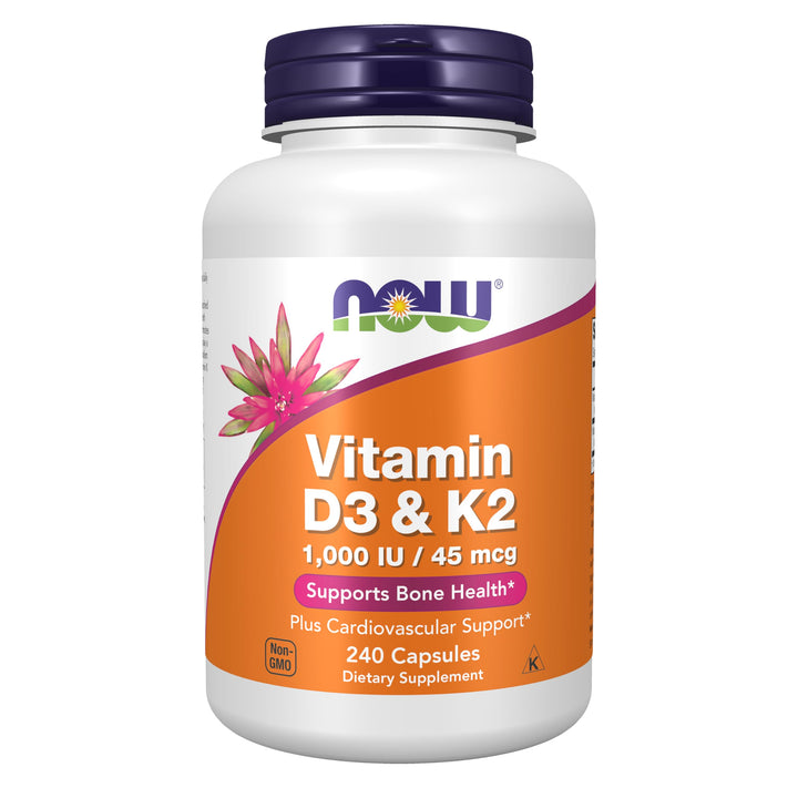 Now Supplements, Vitamin D3 &amp; K2, 1,000 IU/45 mcg, Plus Cardiovascular Support*, Supports Bone Health*, 240 Veg Capsules