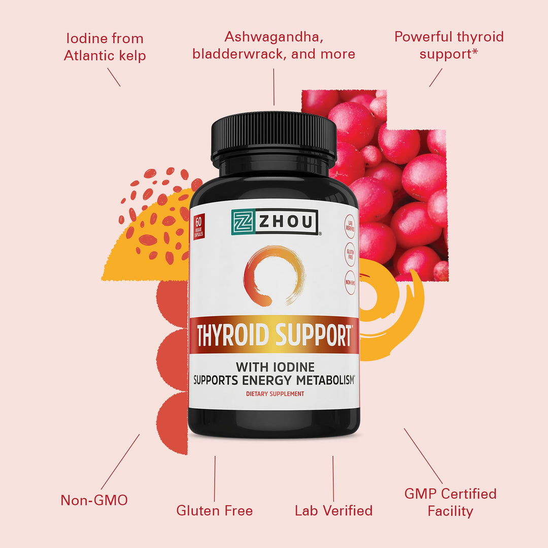 ZHOU Thyroid Support - Thyroid Supplement for Women &amp; Men with Zinc, Iodine, &amp; Selenium, Cellular Energy Thyroid Complex with Ashwagandha, Kelp - 60 Veggie Capsules (Pack of 1)