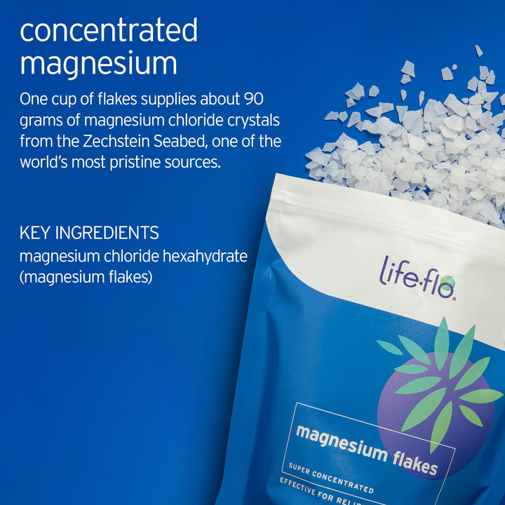 LIFE-FLO Magnesium Bath Flakes - Unscented Magnesium Flakes with Ancient Trace Minerals from the Zechstein Seabed - Epsom Salt Bath Soak Alternative or Relaxing Foot Soak - 60-Day Guarantee - 26.4oz