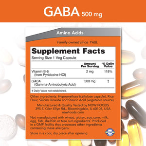 Now Foods GABA 500 mg + B-6 200 Vcaps - 0088 - The Oasis of Health