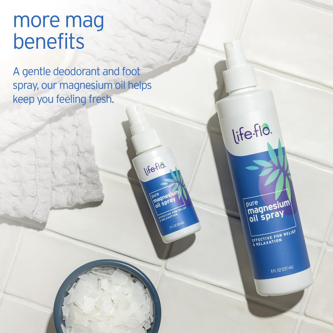 LIFE-FLO Magnesium Oil for Feet and Body - Topical Magnesium Spray Soothes Muscles, Joints When Massaged Into the Skin - Doubles as a Deodorant Spray or Bath Oil, Hypoallergenic, 60-Day Guarantee, 2oz