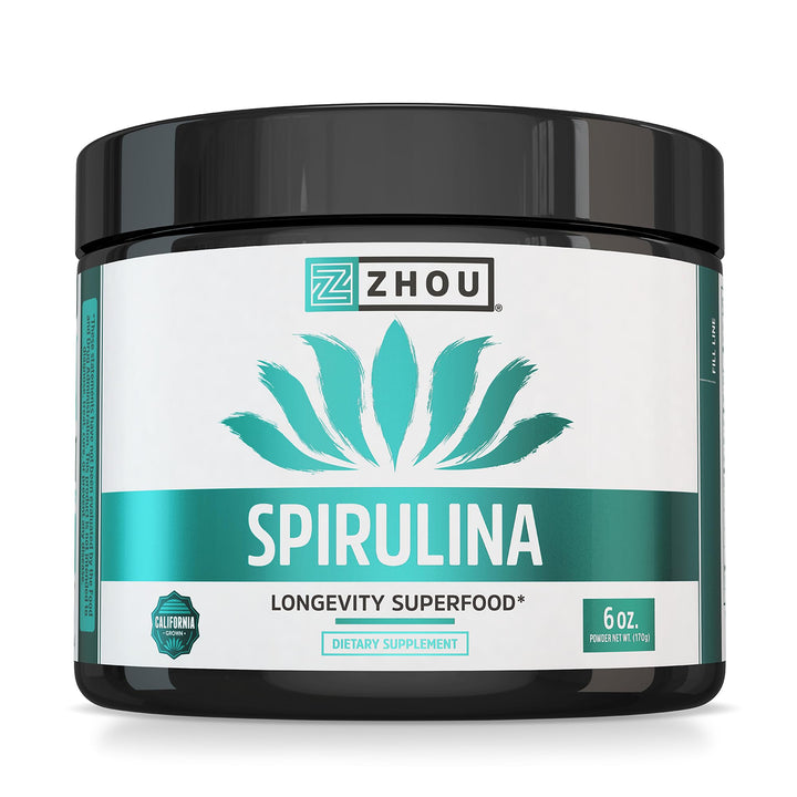 Zhou Spirulina Powder - Blue Green Spirulina Superfood for Women &amp; Men with Vegan Protein, Chlorophyll &amp; Phycocyanin for Smooth Energy &amp; Longevity, Drink Mix for Smoothies - 6 oz Jar (48 Servings)