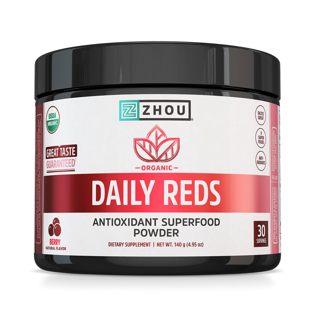 Zhou Organic Reds Powder - Red Powder Superfood with Beetroot, Super Fruits, Goji Berry, &amp; Tart Cherry, Antioxidant Support for Whole-Body Health - Natural Berry Flavor, 4.95 oz (30 Servings)