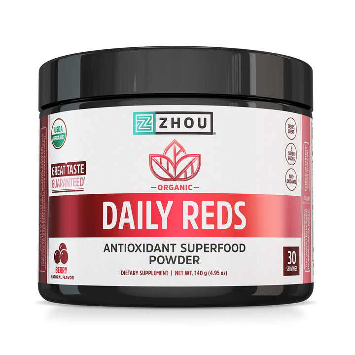 Zhou Organic Reds Powder - Red Powder Superfood with Beetroot, Super Fruits, Goji Berry, &amp; Tart Cherry, Antioxidant Support for Whole-Body Health - Natural Berry Flavor, 4.95 oz (30 Servings)