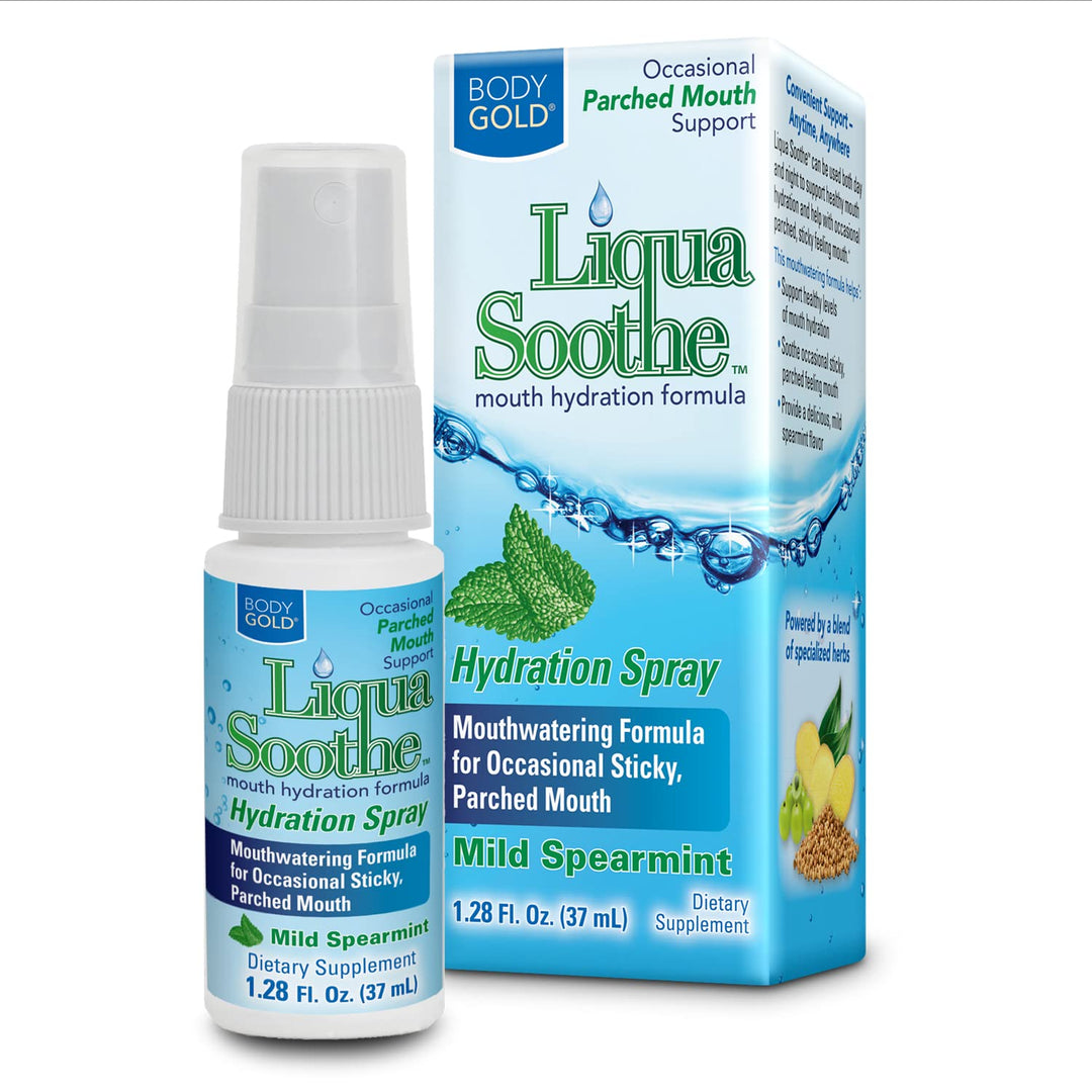 Body Gold Liqua Soothe Mouth Spray, Oral Care Formula for Occasional Dry Mouth Feeling, Supports Healthy Levels of Mouth Hydration w/Akarkara and Ginger, Mild Spearmint Flavor, About 64 Serv, 1.28oz