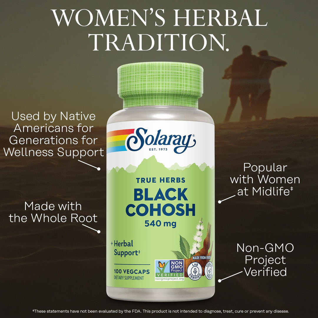 Solaray Black Cohosh 540 mg | Womens Health &amp; Menopause Support Supplement | Whole Root | Non-GMO, Vegan &amp; Lab Verified | 180 VegCaps