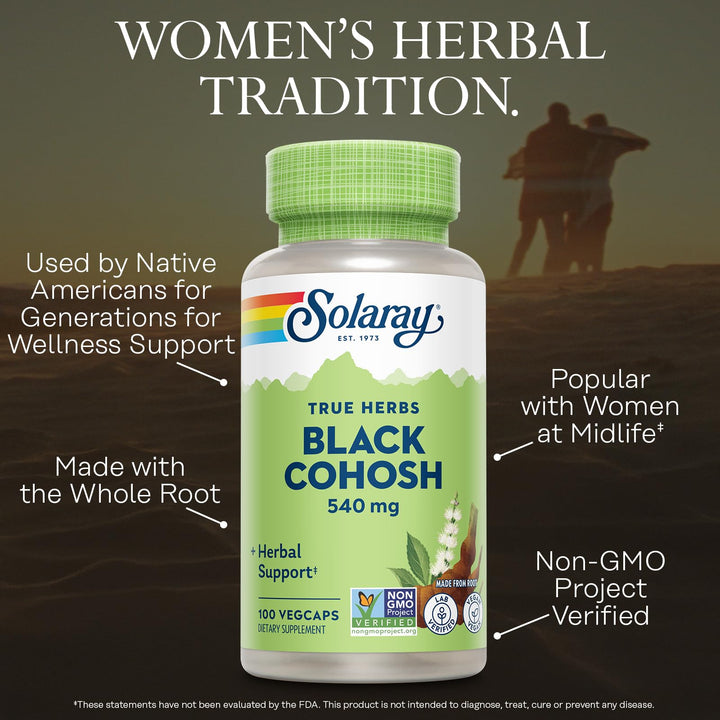 Solaray Black Cohosh 540 mg | Womens Health &amp; Menopause Support Supplement | Whole Root | Non-GMO, Vegan &amp; Lab Verified | 180 VegCaps