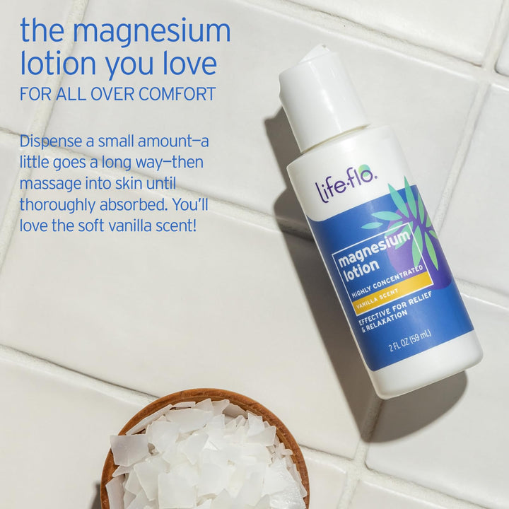 LIFE-FLO Magnesium Lotion, Vanilla Scent - New, Improved Magnesium Chloride from Zechstein Seabed - Soothes Muscles, Joints When Massaged into Skin - Great for Kids, Hypoallergenic, 2 Fl oz