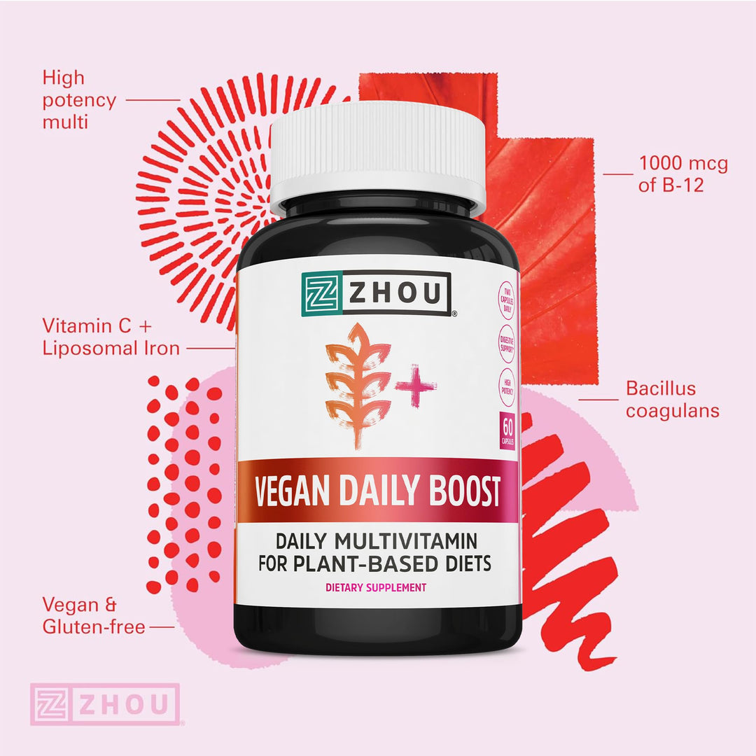 Zhou Vegan Multivitamin for Women &amp; Men, Daily Vegan Supplement, Essential Multi Vitamin with Iron &amp; Zinc for Energy, Vitality, Immune Support, &amp; Whole Body Health - 60 Veg Caps