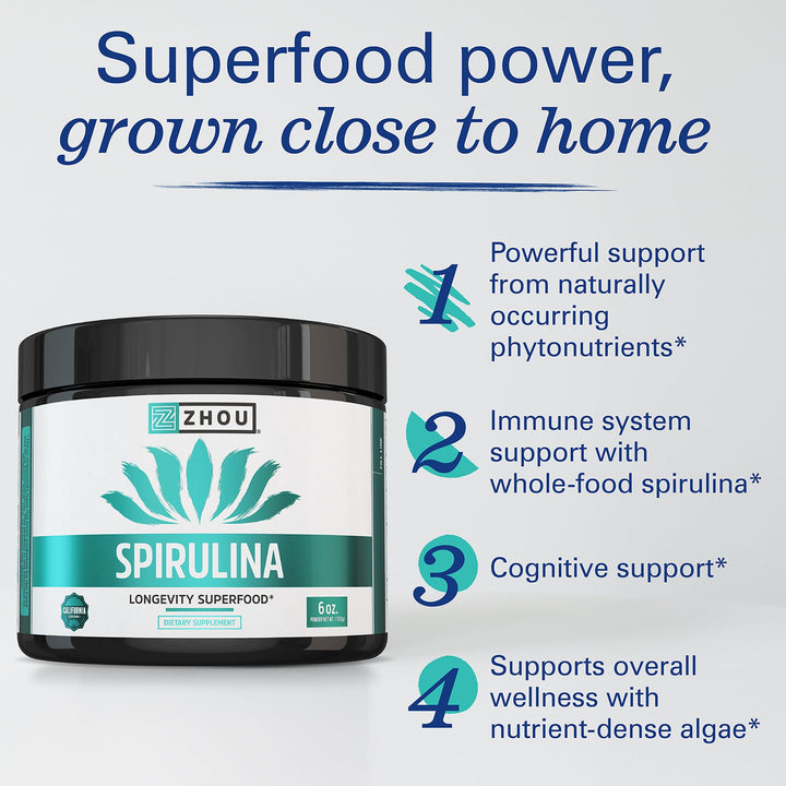 Zhou Spirulina Powder - Blue Green Spirulina Superfood for Women &amp; Men with Vegan Protein, Chlorophyll &amp; Phycocyanin for Smooth Energy &amp; Longevity, Drink Mix for Smoothies - 6 oz Jar (48 Servings)