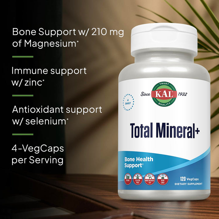 KAL Total Mineral Plus Capsules - Minerals and Trace Minerals for Strong Bones, Immune Support w/Magnesium Glycinate, Zinc, Calcium, Selenium, Iron and More - Vegan, Non-GMO, Gluten-Free, 30 Servings