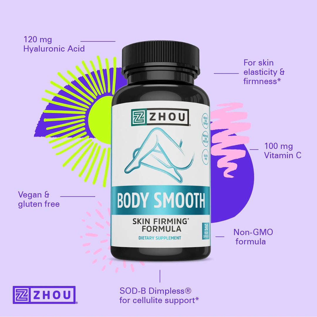 Zhou Body Smooth - Cellulite Pills for Women, Dimpless Anti Cellulite Supplement for Firm Smooth Skin with Hyaluronic Acid &amp; Vitamin C, Skincare for Thigh, Legs, Butt, Supports Hydration - 30 Capsules