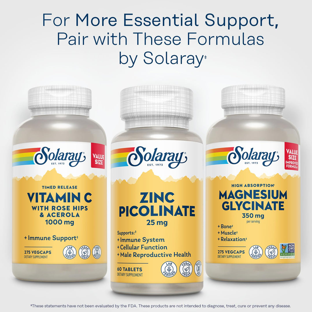 SOLARAY Zinc Picolinate 25 mg - Zinc Supplements for Men and Women - Immune Support Supplement - Vegan, Gluten Free, Lab Verified - 60-Day Guarantee - 60 Servings, 60 Tablets