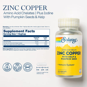 Solaray Zinc Copper Amino Acid Chelate - 100 VegCaps  47105 - The Oasis of Health