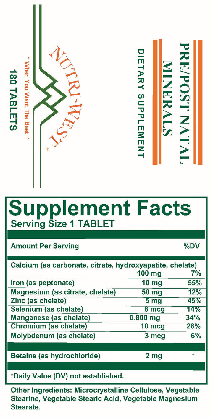 Nutri-West - Pre/Post Natal Minerals - 180 Tablets - Supplement Facts panel