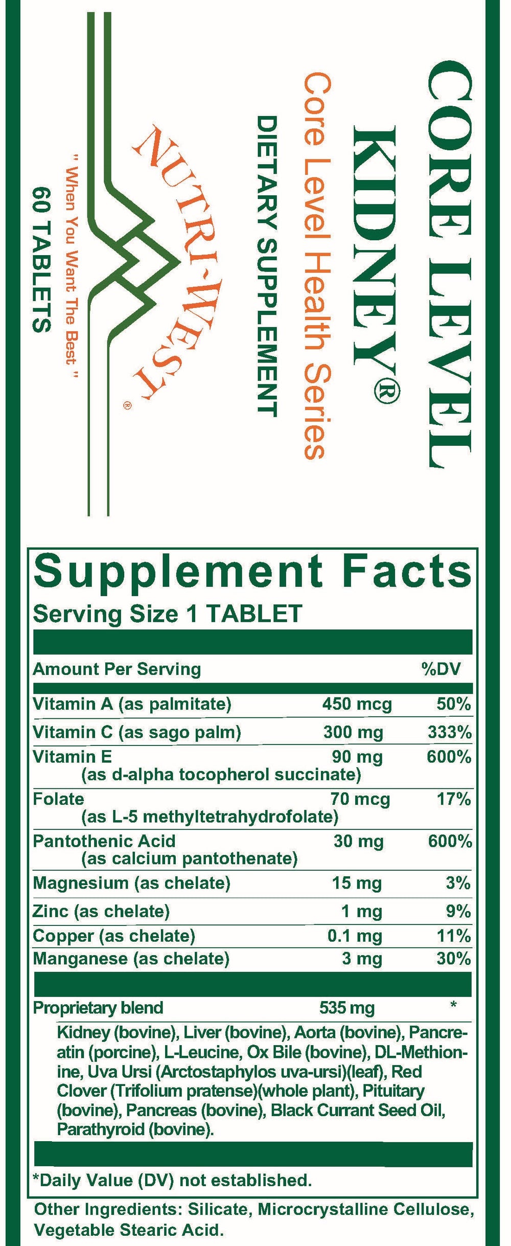Nutri-West - Core Level Kidney - 60 Tablets - Supplement Facts panel