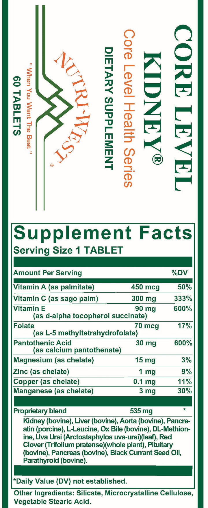 Nutri-West - Core Level Kidney - 60 Tablets - Supplement Facts panel