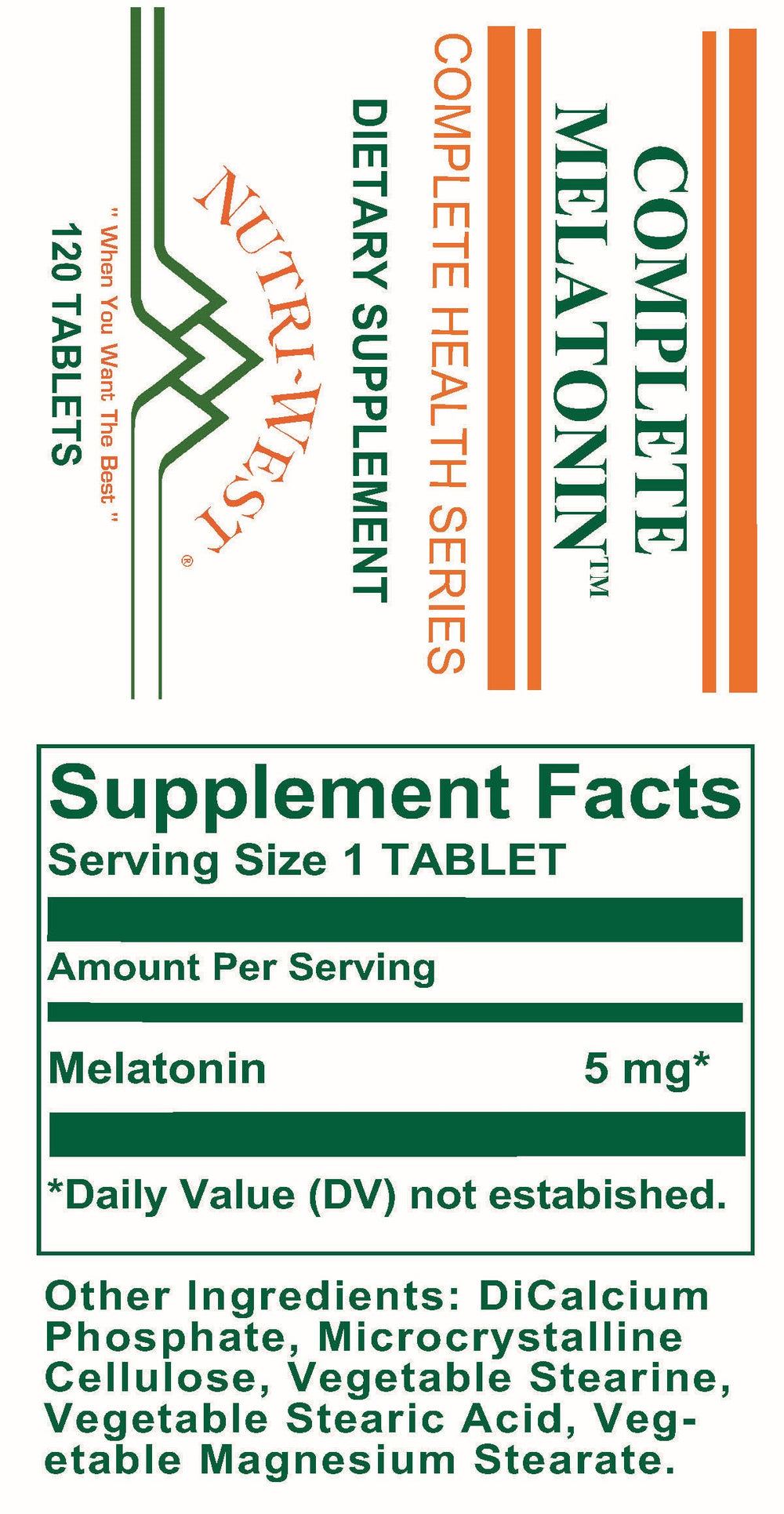Nutri-West - Complete Melatonin - 120 Tablets - Supplement Facts panel