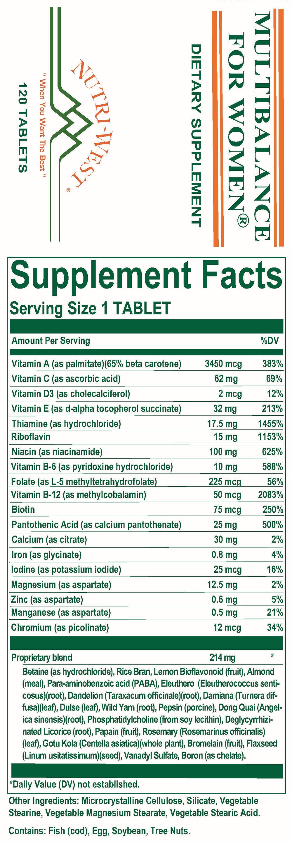 Nutri-West - Multibalance for Women - 120 Tablets - Supplement Facts panel