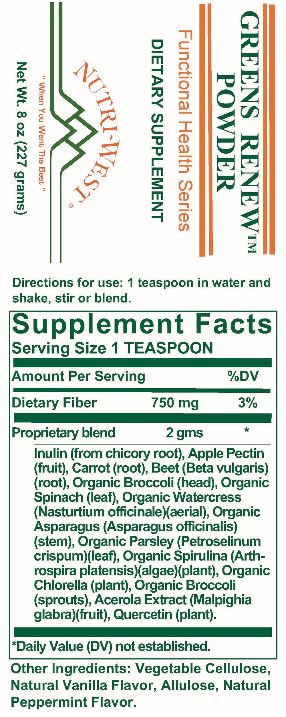 Nutri-West - Greens Renew Powder - 8 oz - Supplement Facts panel