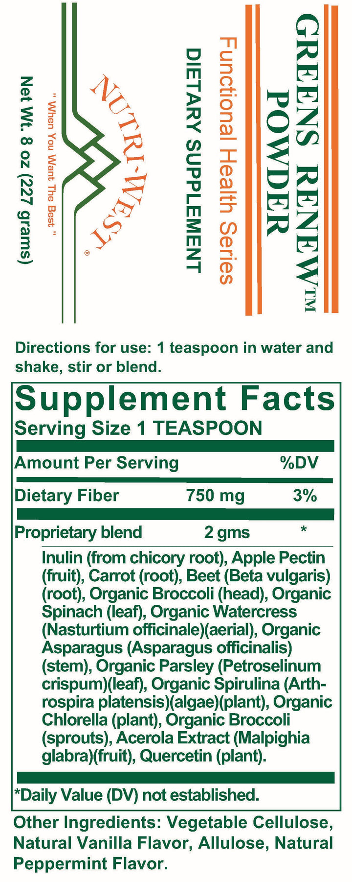 Nutri-West - Greens Renew Powder - 8 oz - Supplement Facts panel