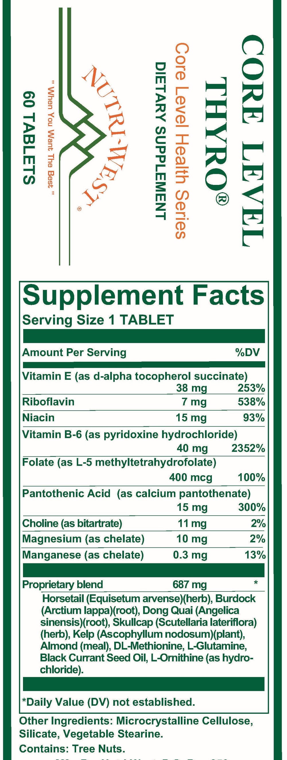 Nutri-West - Core Level Thyro - 60 Tablets - Supplement Facts panel