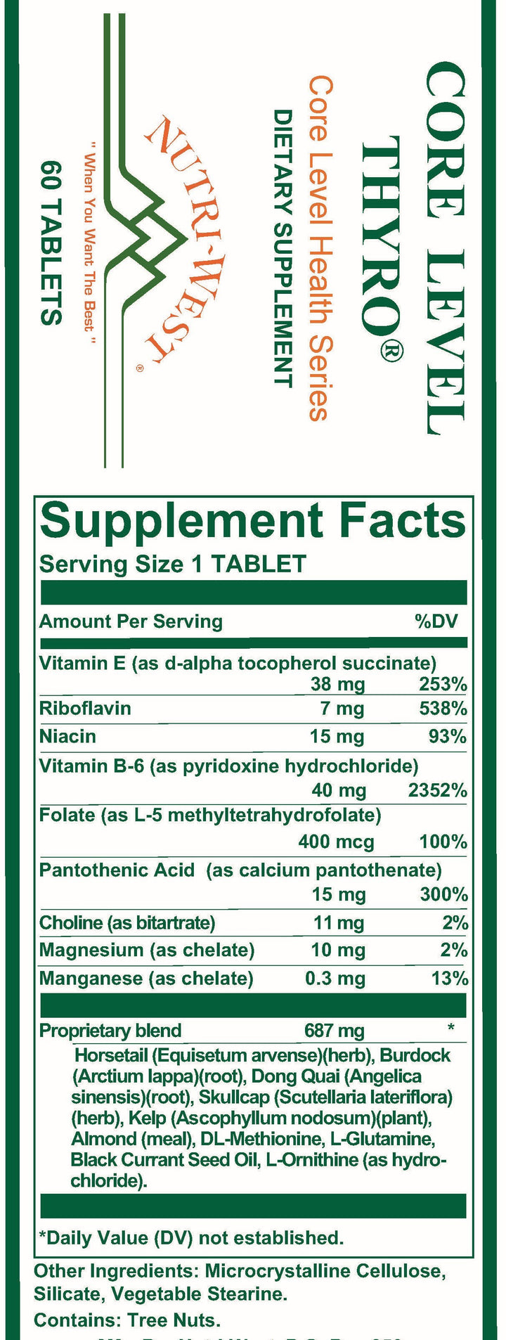 Nutri-West - Core Level Thyro - 60 Tablets - Supplement Facts panel