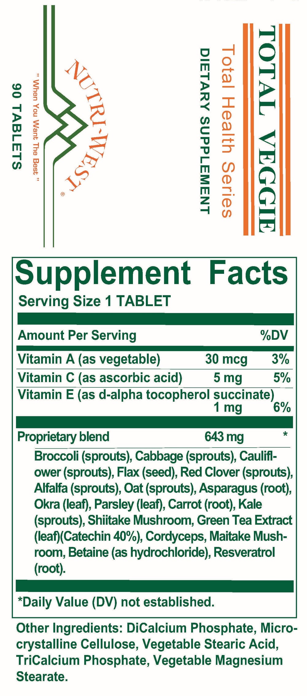 Nutri-West - Total Veggie - 90 Tablets - Supplement Facts panel