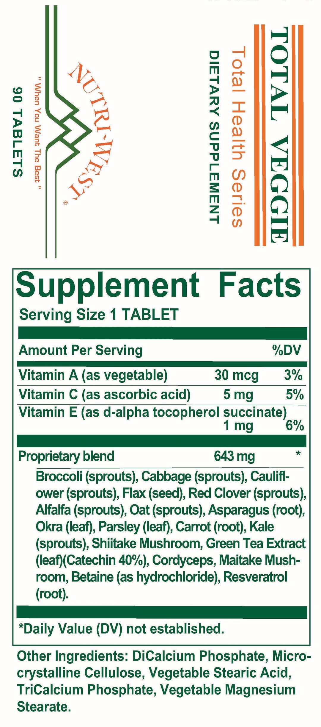 Nutri-West - Total Veggie - 90 Tablets - Supplement Facts panel