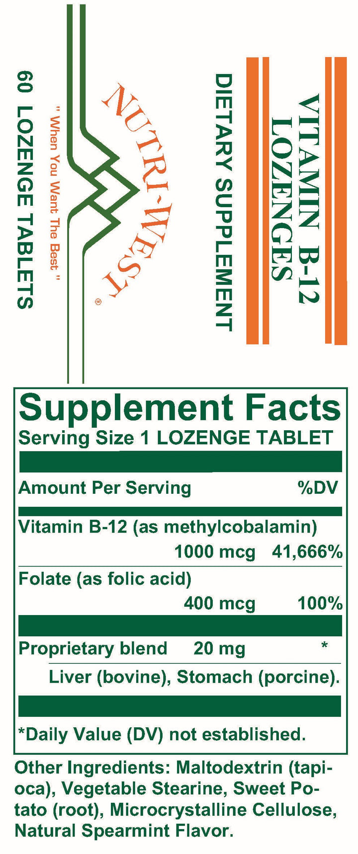 Nutri-West - Vitamin B-12 Lozenges - 60 Lozenges - Supplement Facts panel
