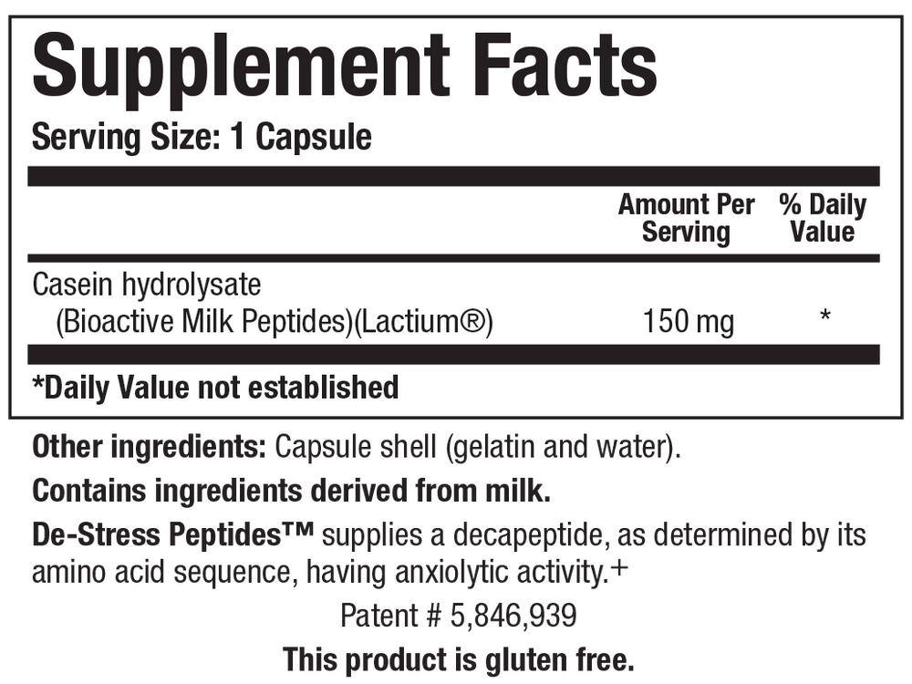 Biotics Research De-Stress Peptides - Supplement Facts panel