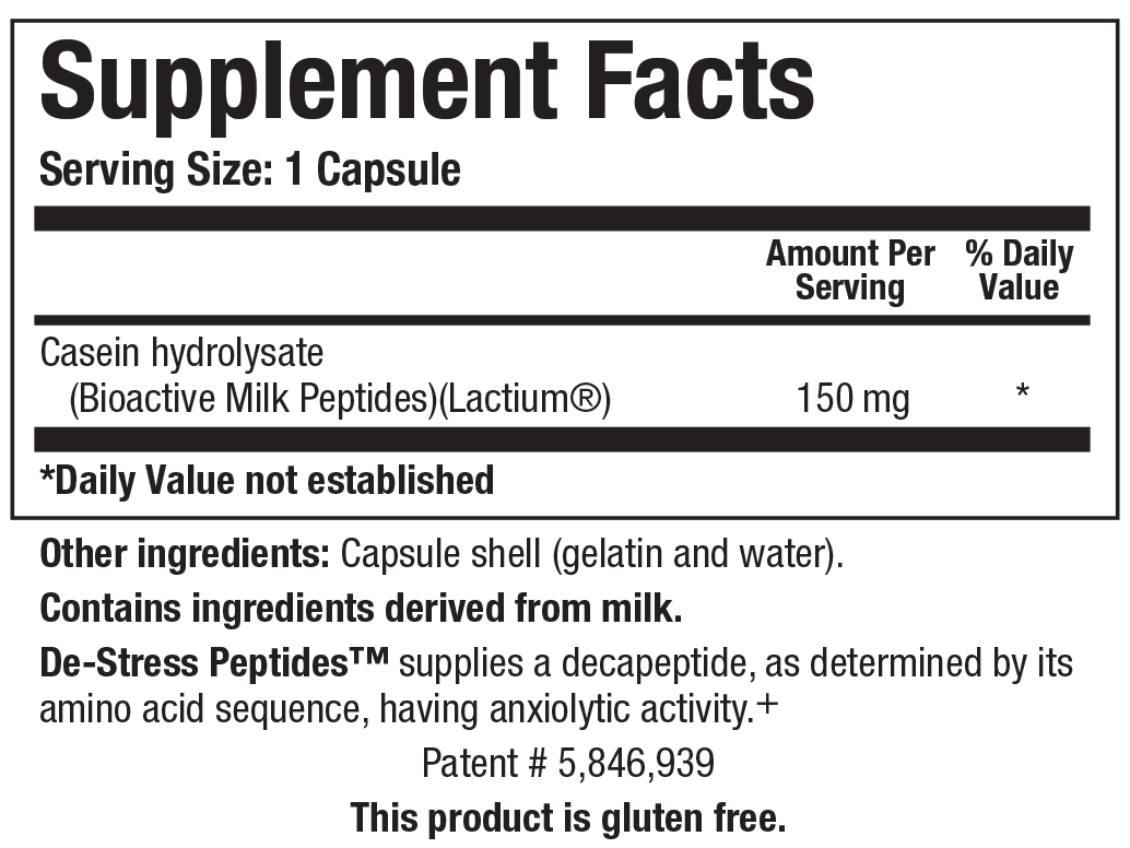 Biotics Research De-Stress Peptides - Supplement Facts panel