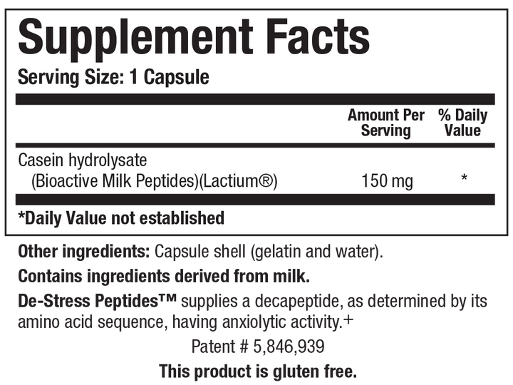Biotics Research De-Stress Peptides - Supplement Facts panel