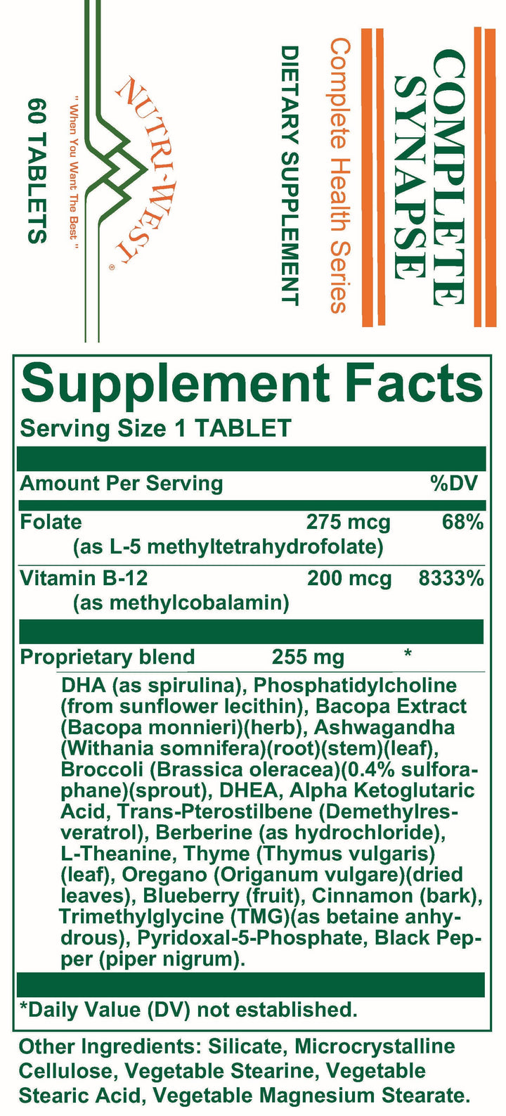 Nutri-West - Complete Synapse - 60 Tablets - Supplement Facts panel