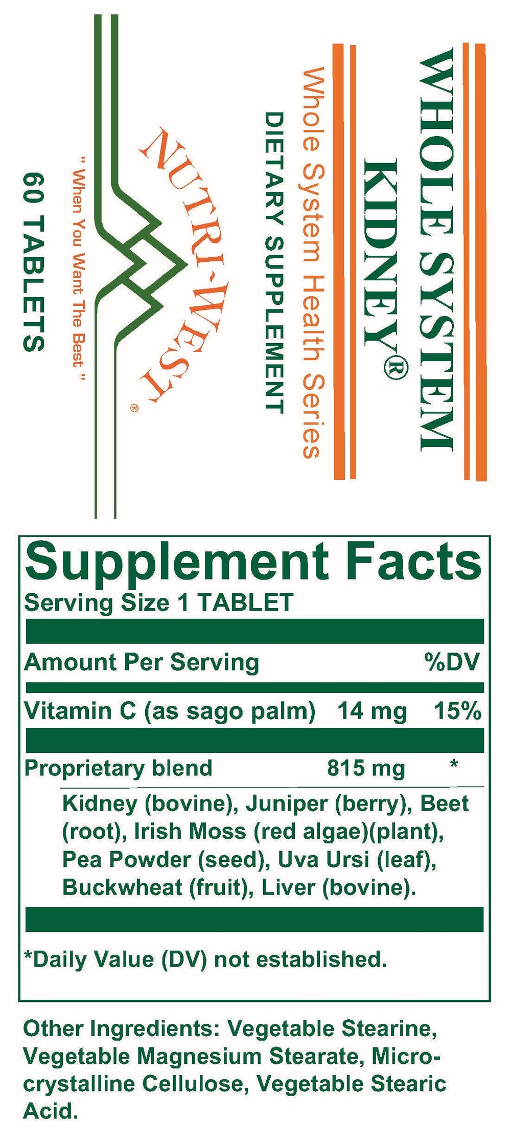 Nutri-West - Whole System Kidney - 60 Tablets - Supplement Facts panel