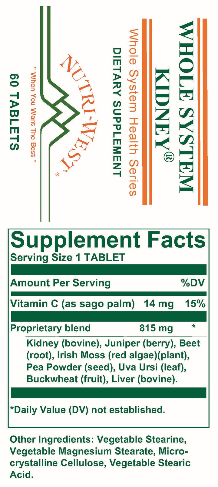 Nutri-West - Whole System Kidney - 60 Tablets - Supplement Facts panel
