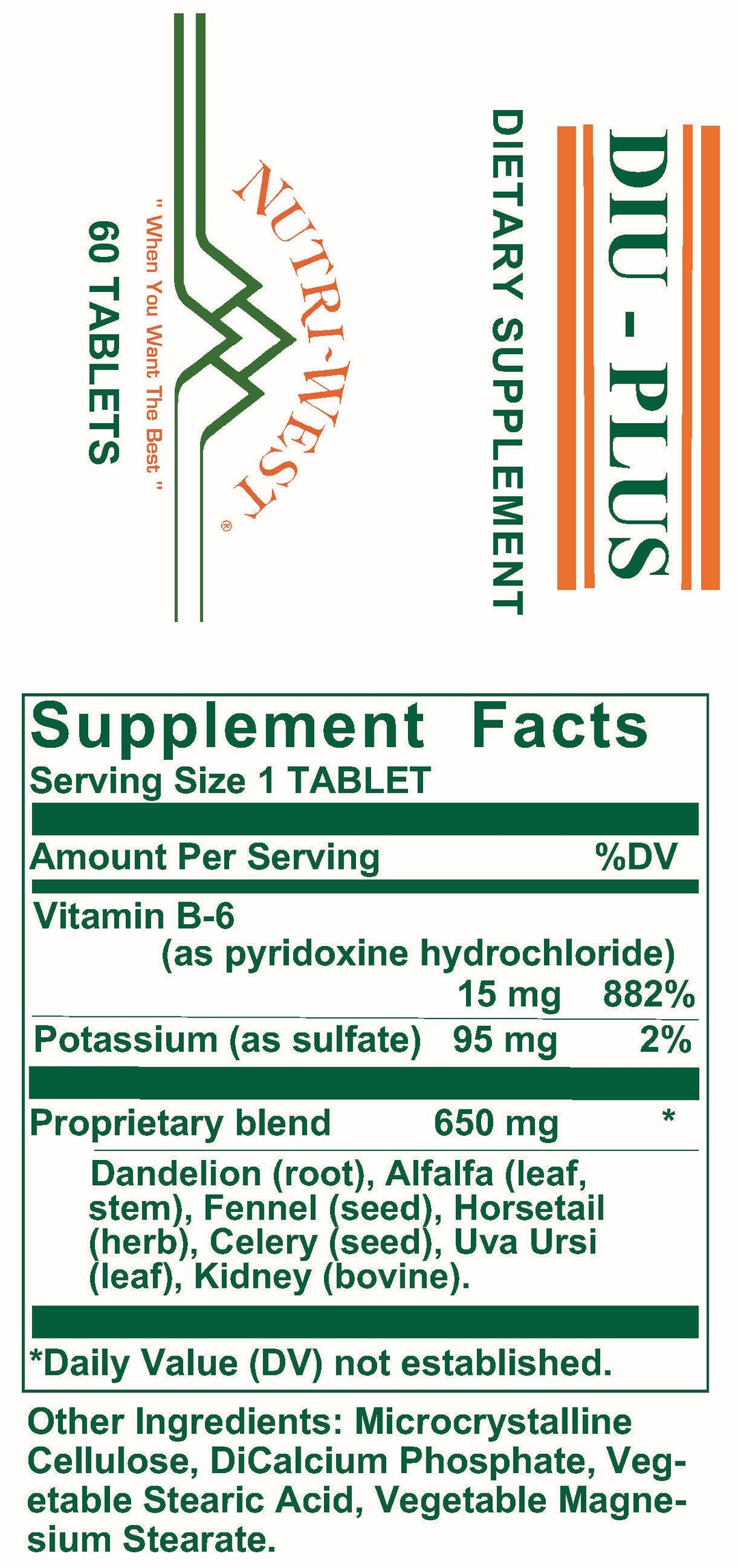 Nutri-West - DIU Plus - 60 Tablets - Supplement Facts panel