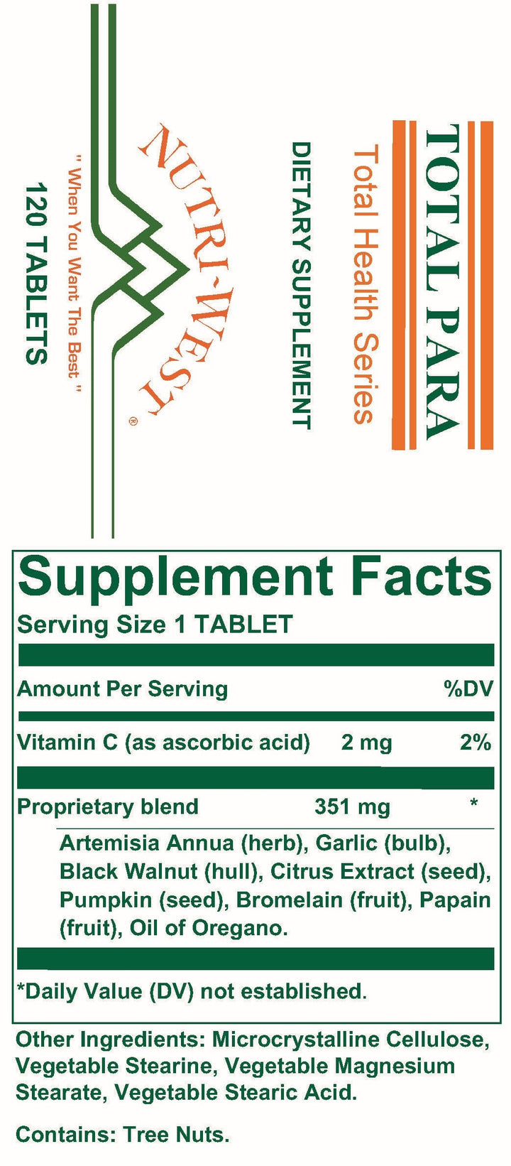 Nutri-West - Total Para - 120 Tablets - Supplement Facts panel