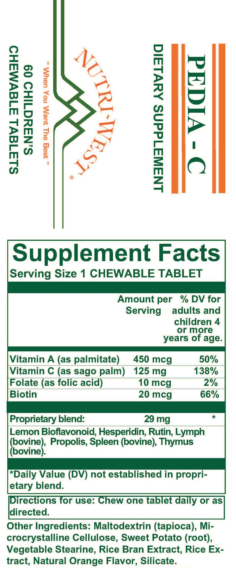 Nutri-West - Pedia-C - 60 Tablets - Supplement Facts panel